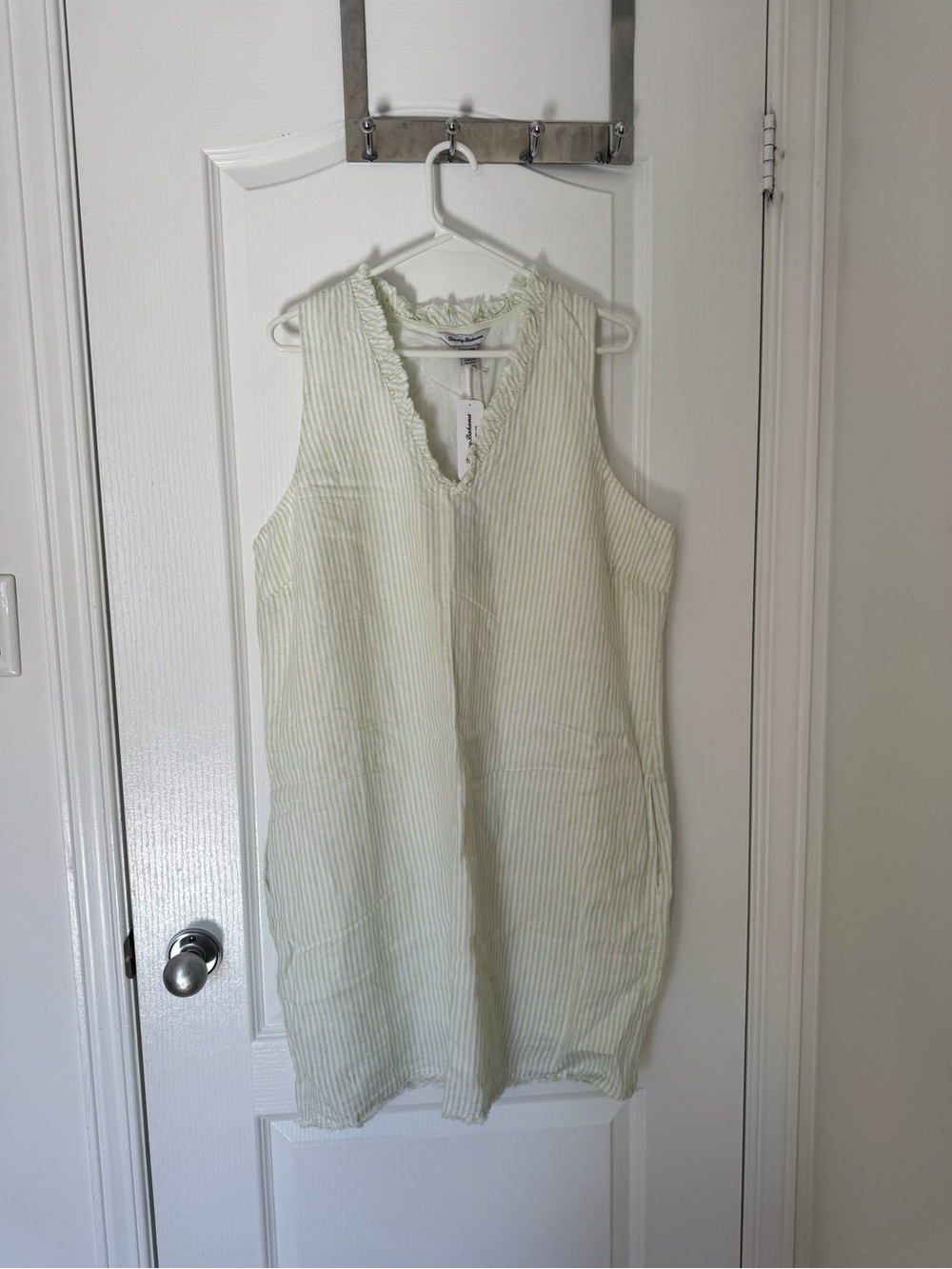 Tommy Bahama Light Green Striped Sleeveless V-Neck Tunic dress